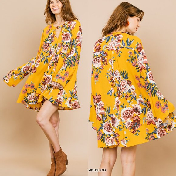 Umgee Bell Sleeve Floral Yellow Dress Size S M L - Picture 1 of 6